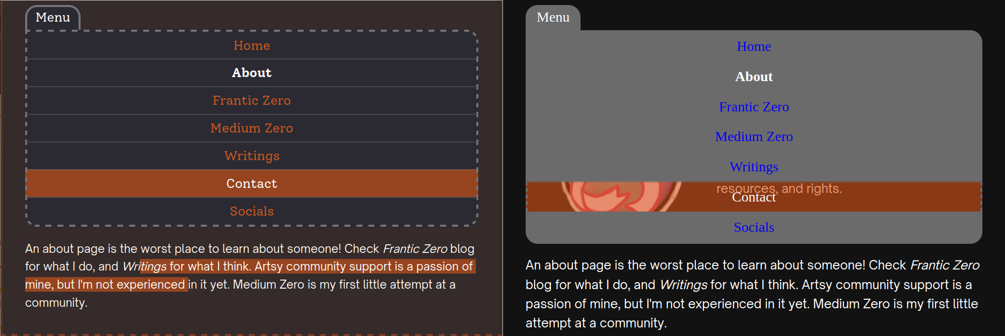 Firefox rendering with tinted colors on left, Chromium Rendering with stark plain colors on right